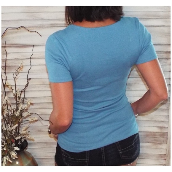 Henley Ribbed Short Sleeve Top Blue 1318 - Picture 5 of 5